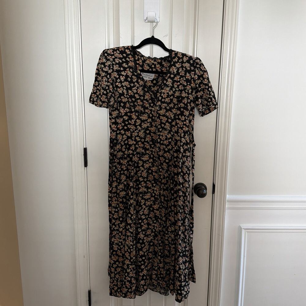 Vintage 90’s Decked Out Brand Floral Tie Belt Midi Dress Lace Trim Button Up
